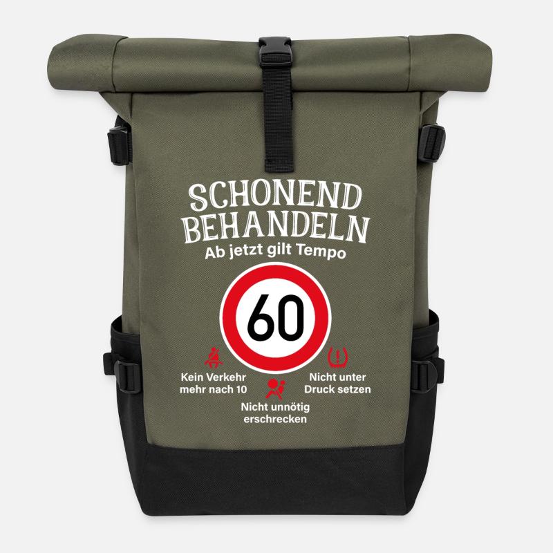 60. Geburtstag Schonend Behandeln 60 Tempolimit 60 - Rolltop Rucksack - Olive/Schwarz