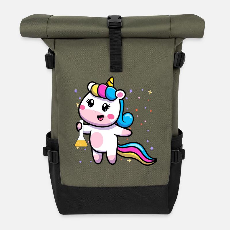 Kawaii Unicorn Science – Cute Rainbow Magic - Rolltop Rucksack - Olive/Schwarz