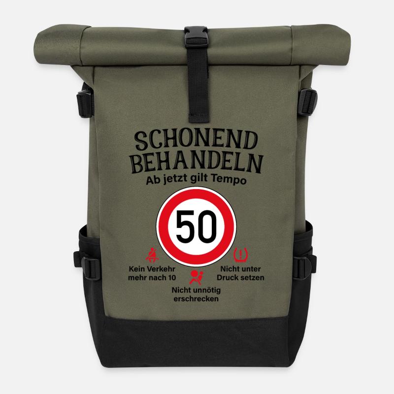 50. Geburtstag Schonend Behandeln 50 Tempolimit 50 - Rolltop Rucksack - Olive/Schwarz