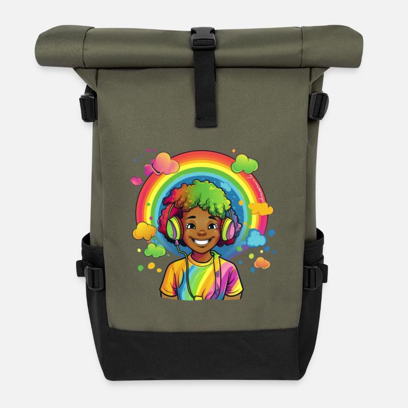 Bunte Rainbow-Comic-Illustration - Rolltop Rucksack - Olive/Schwarz