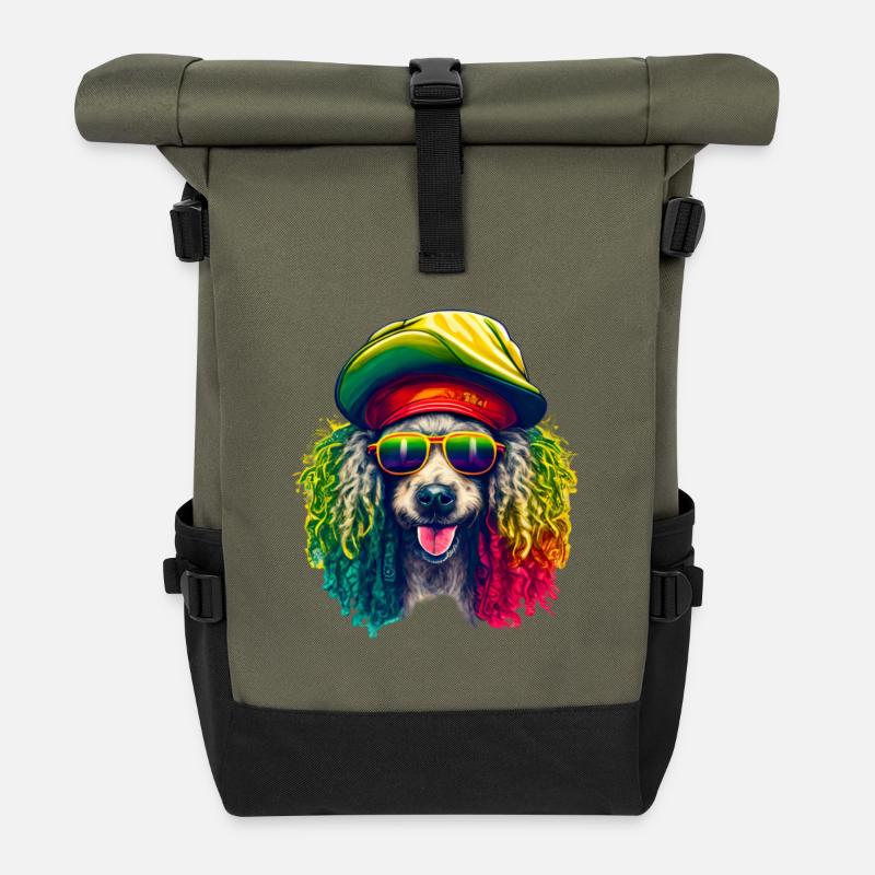 Cooler Rasta-Pudel bunt - Rolltop Rucksack - Olive/Schwarz