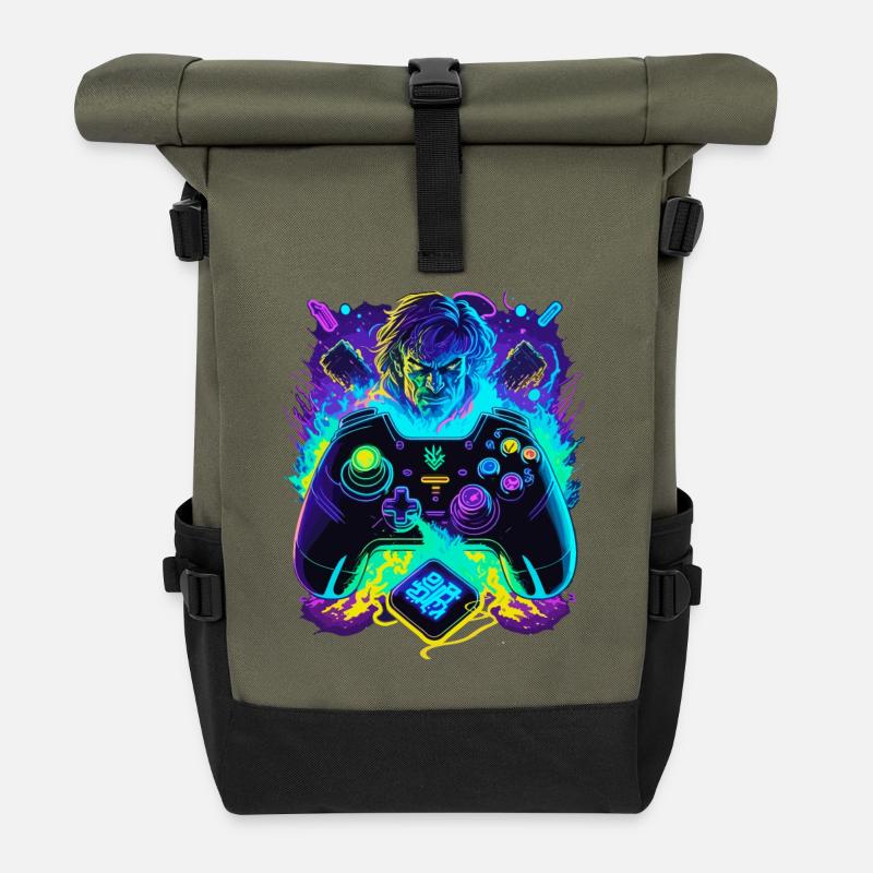 Neonfarben Graffiti Gamer Controller - Rolltop Rucksack - Olive/Schwarz