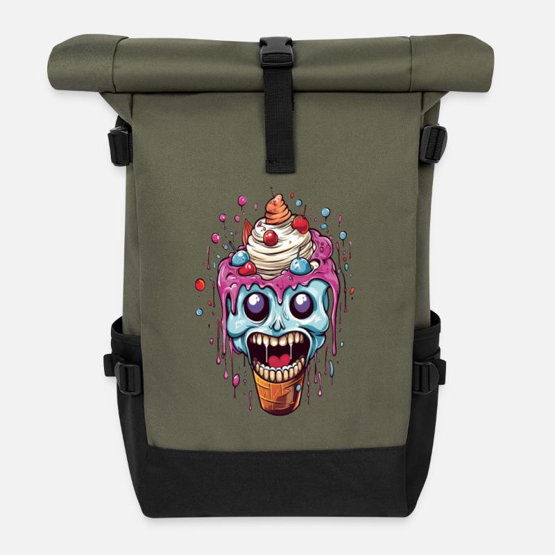 Bunte Totenschleckerei mit Kremtopping - Rolltop Rucksack - Olive/Schwarz