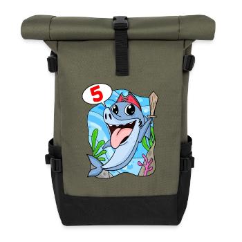 5th Birthday Motif Shark Pirate - Five Years - Roll Top Backpack - olive/black - Front