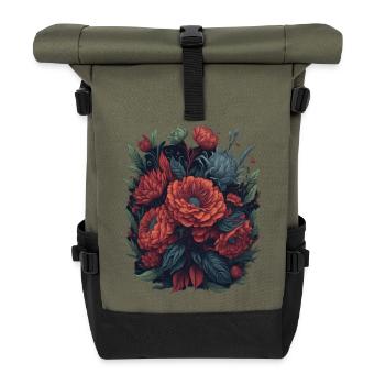Vintage Floral Motif, Floral Spring Flowers - Roll Top Backpack - olive/black - Front
