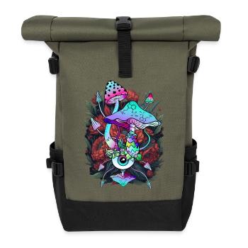 Psychedelic Mushroom - Eyes Art with Flowers - Roll Top Backpack - olive/black - Front