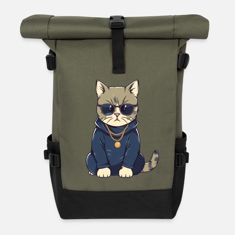 Cat with sunglasses and hoodie - Roll Top Backpack - olive/black