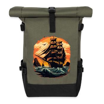 Wunderschönes Boot segelt auf wilder See im romant - Rolltop Rucksack - Olive/Schwarz - Vorne