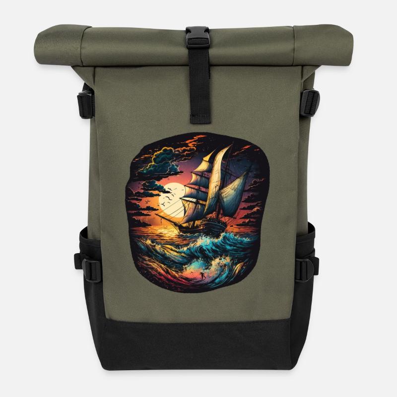 Segelschiff auf rauer See - Rolltop Rucksack - Olive/Schwarz