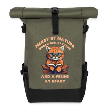 Katze mit Buch - Rolltop Rucksack - Olive/Schwarz - Vorne
