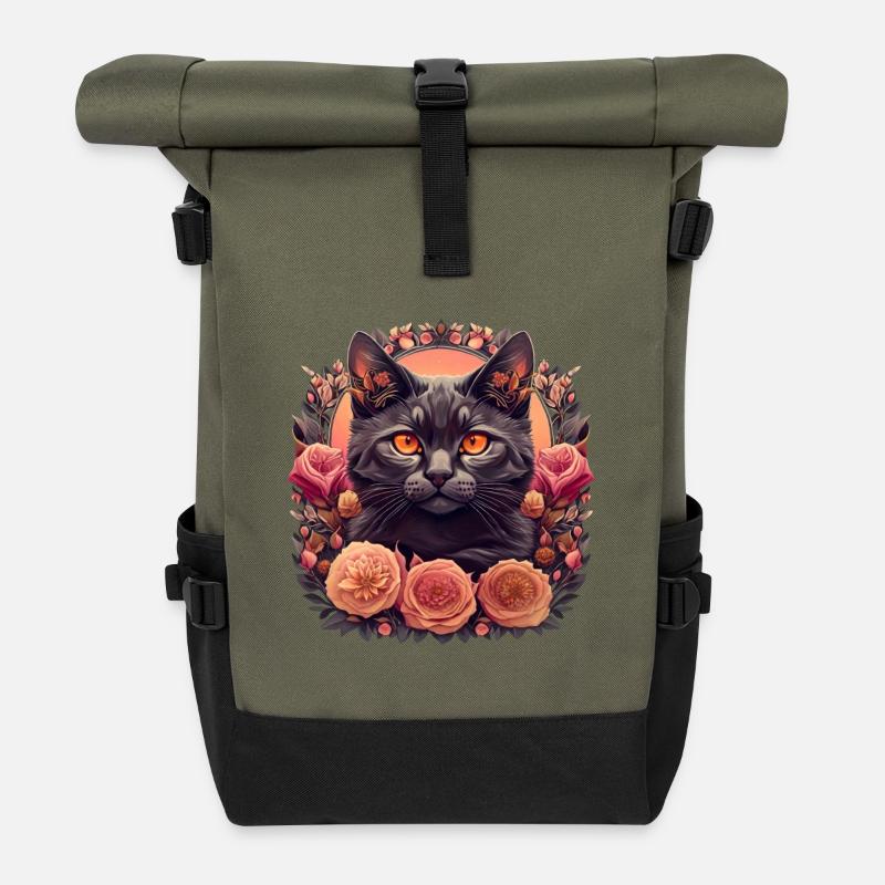 Floral Cat - Roll Top Backpack - olive/black