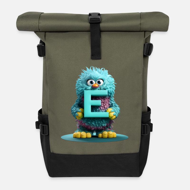 Fluffy monster with the Letter E - Roll Top Backpack - olive/black