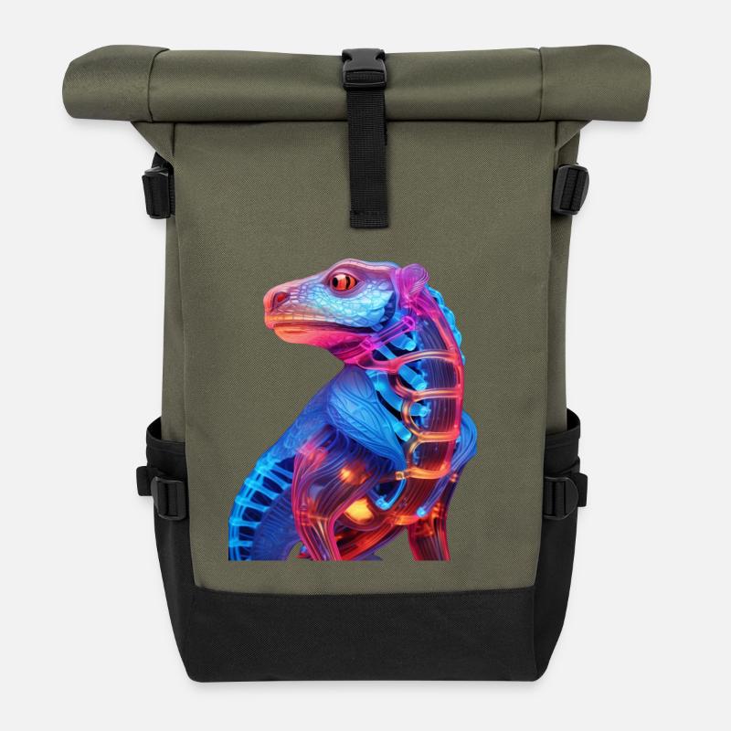 Neon-Illuminierter Drachen - Rolltop Rucksack - Olive/Schwarz