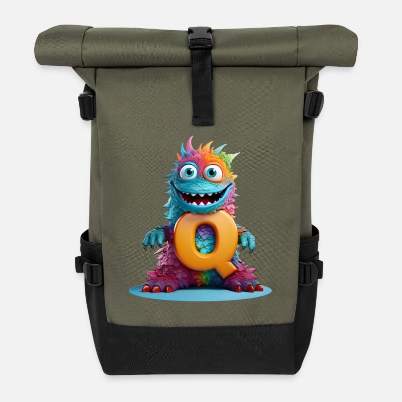 Regenbogenmonster mit Q - Rolltop Rucksack - Olive/Schwarz