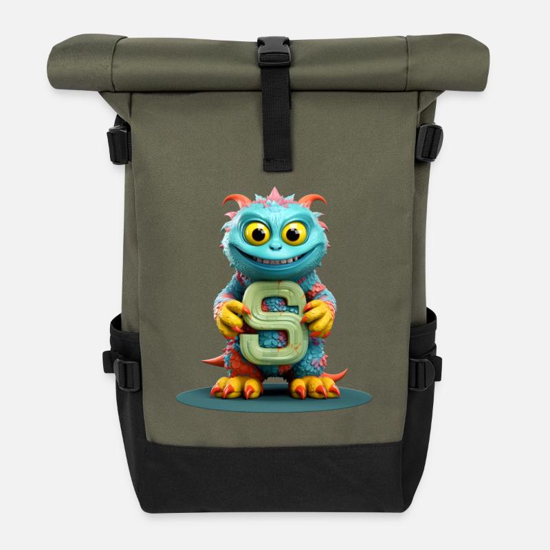Buntes Monster mit Alphabet Buchstabe S - Rolltop Rucksack - Olive/Schwarz