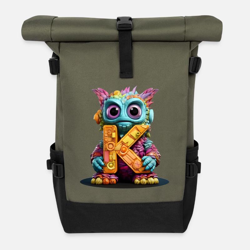 Puppe mit Buchstabe X Alphabet Buchstabe K - Rolltop Rucksack - Olive/Schwarz