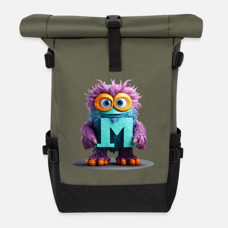 Mehrfarbiges Monster mit Buchstabe M - Rolltop Rucksack - Olive/Schwarz