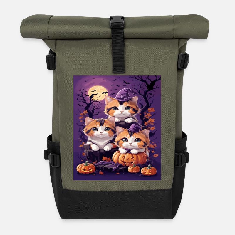 Trio von Kätzchen im Halloween-Stil - Rolltop Rucksack - Olive/Schwarz