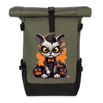 Cute Halloween kitten with pumpkins - Roll Top Backpack - olive/black - Front