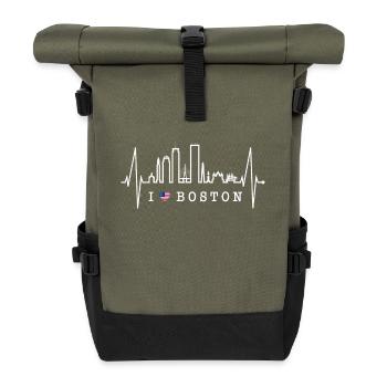 Boston Skyline Herzschlag USA Fan Herz Puls Liebe - Rolltop Rucksack - Olive/Schwarz - Vorne