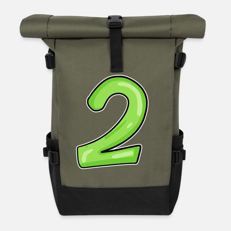 2 - Zahl - Nummer Zwei - 2 grün - Rolltop Rucksack - Olive/Schwarz
