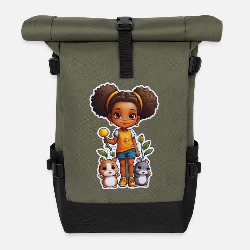 Niedliches Mädchen mit Hamstern und Blumen - Rolltop Rucksack - Olive/Schwarz