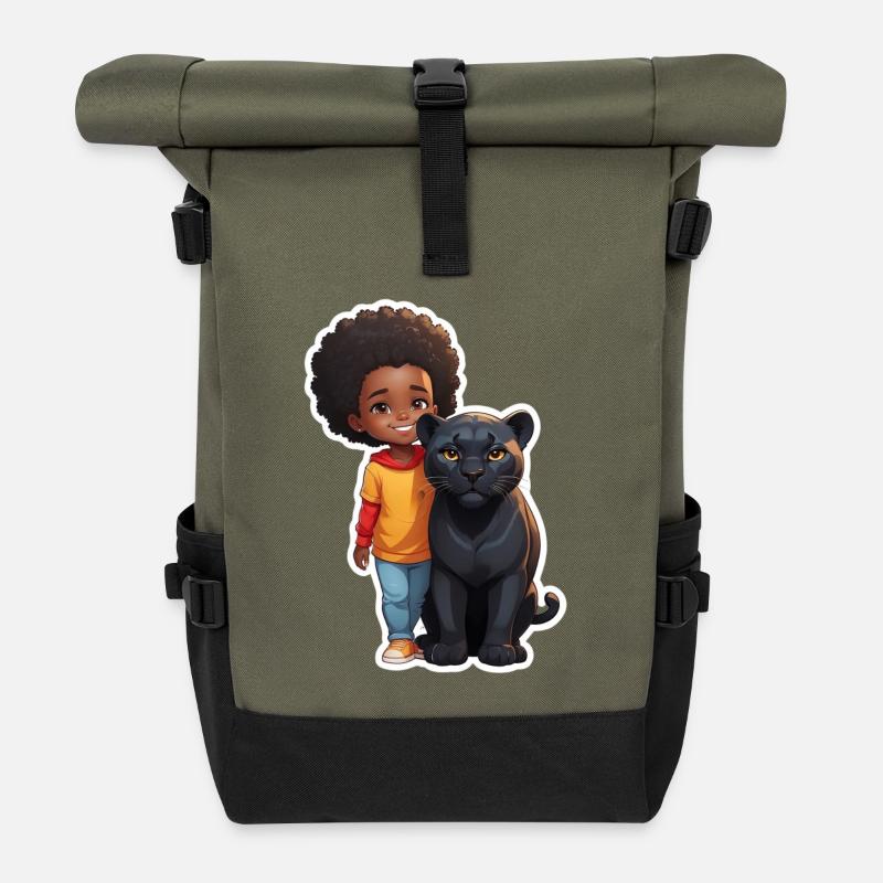 Kid Friendly Animal Friendship Illustration - Roll Top Backpack - olive/black