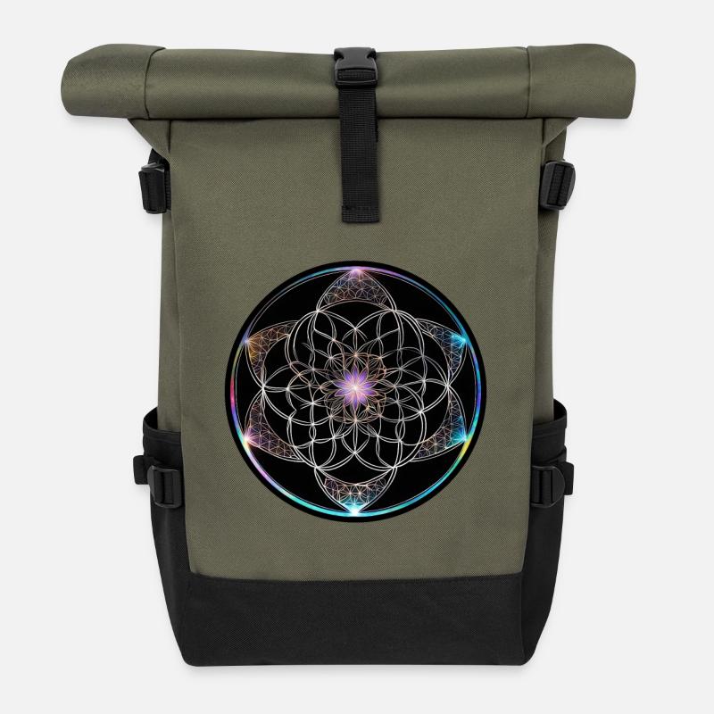 Fleur de vie Cercle géométrique coloré - Sac à dos roll top - olive/noir