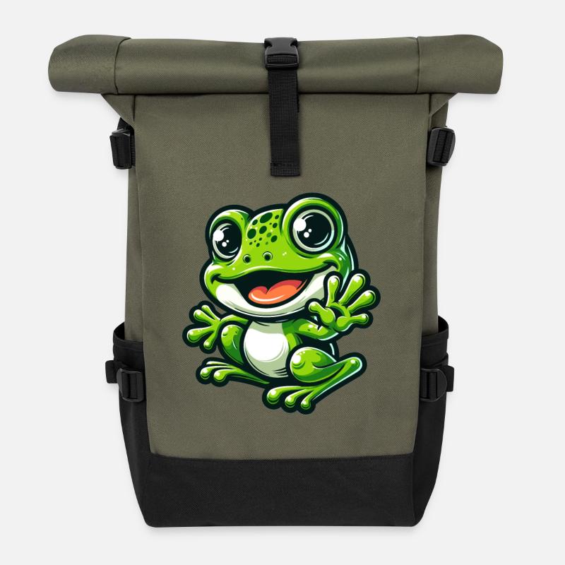 Frosch Comic Niedlicher Frosch - Rolltop Rucksack - Olive/Schwarz