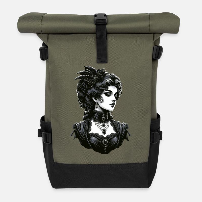 Elegante Gothic-Dame: Viktorianische Anmut - Rolltop Rucksack - Olive/Schwarz