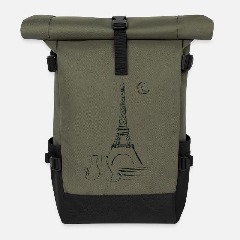 Paris und die Liebe - Katzenliebe mit Eiffelturm - Rolltop Rucksack - Olive/Schwarz