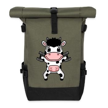 Kuh Hantel Training Krafttraining Fitness - Rolltop Rucksack - Olive/Schwarz - Vorne