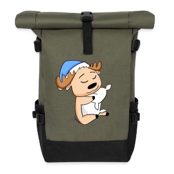 Elch mit Kissen und Schlafmütze - Rolltop Rucksack - Olive/Schwarz - Vorne