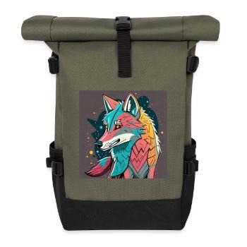 Geometrischer Wolf Farbexplosion - Rolltop Rucksack - Olive/Schwarz - Vorne