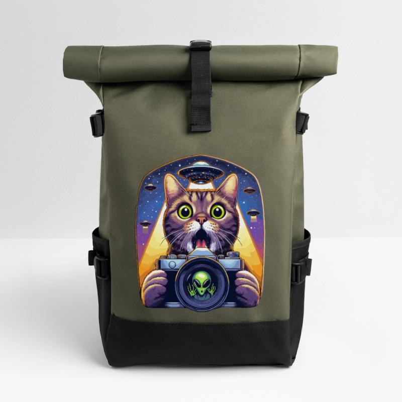 Funny Scared Cat With UFO Alien Attack 3D Effect Roll Top Backpack