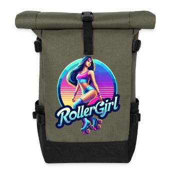 Vibrant Retro Roller Girl Illustration - Roll Top Backpack - olive/black - Front