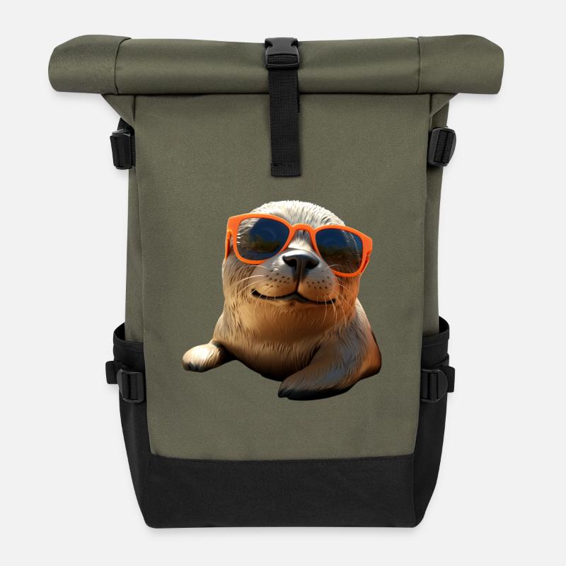 Robbe mit Sonnenbrille Seehund Walross Süße Robben - Rolltop Rucksack - Olive/Schwarz