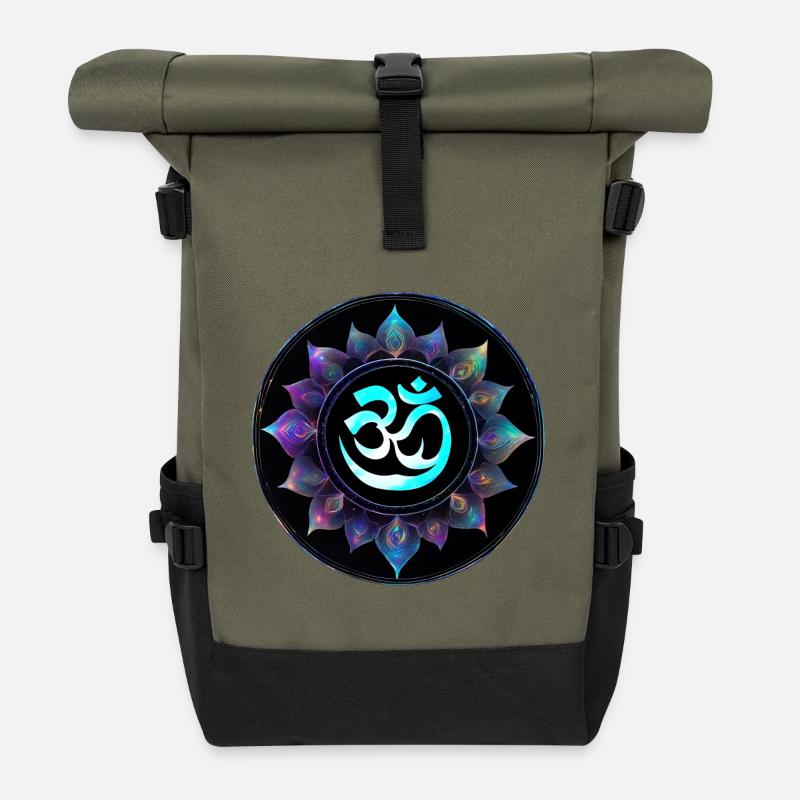 Om Lotus Neon Mandala - Roll Top Backpack - olive/black