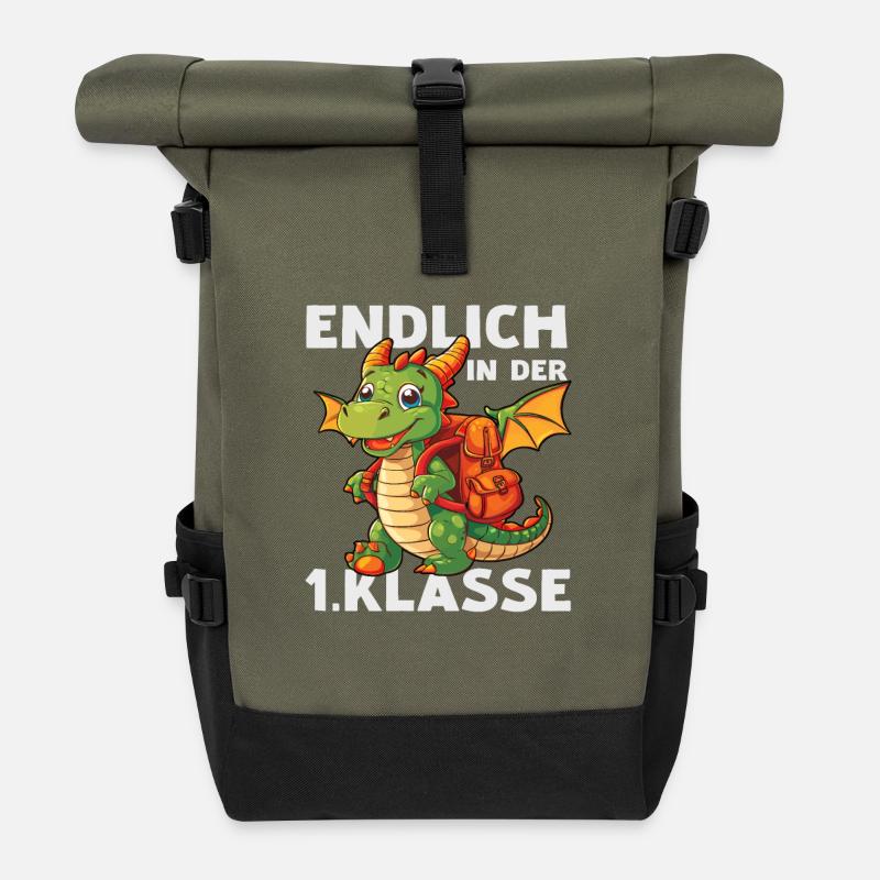Drache 1 Klasse Einschulung Schule Drachen Spruch - Rolltop Rucksack - Olive/Schwarz