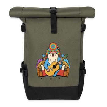 Hippie Gnome Dwarf Mushrooms Music Musician Guitar - Roll Top Backpack - olive/black - Front