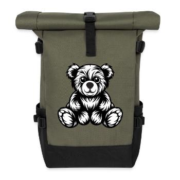 Cute Monochrome Teddy Bear Design - Roll Top Backpack - olive/black - Front