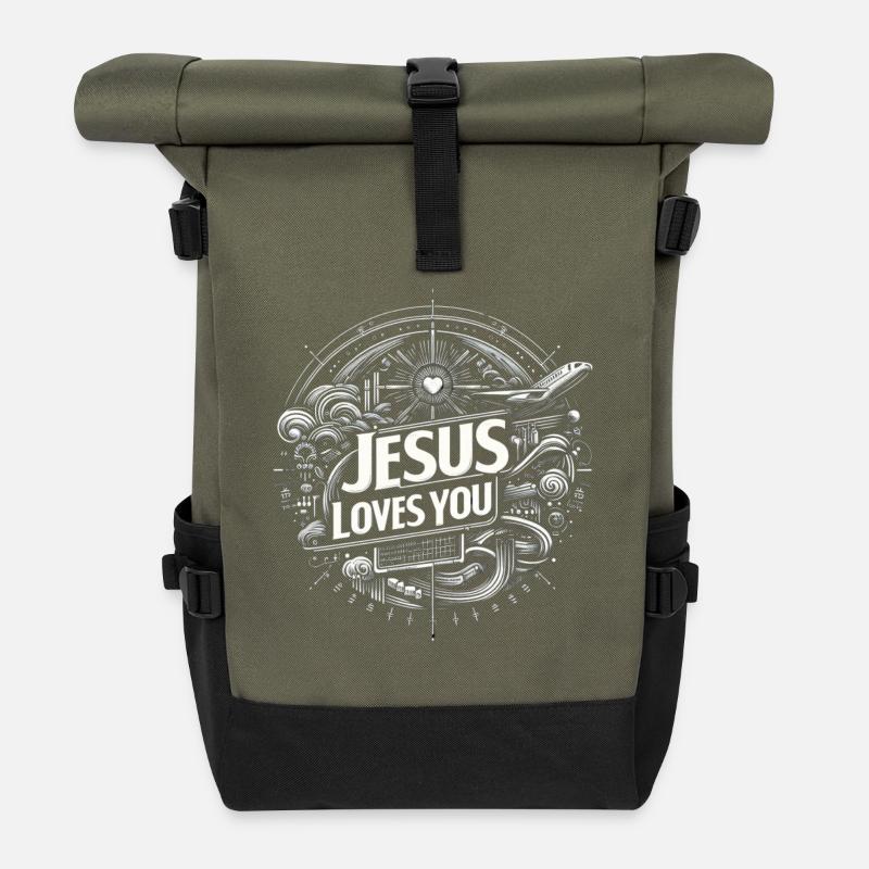 Jesus liebt dich – Kreisdesign - Rolltop Rucksack - Olive/Schwarz