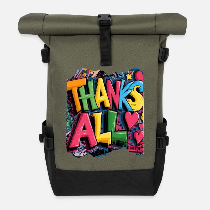 Happy Thank You Graffiti Design - Roll Top Backpack - olive/black