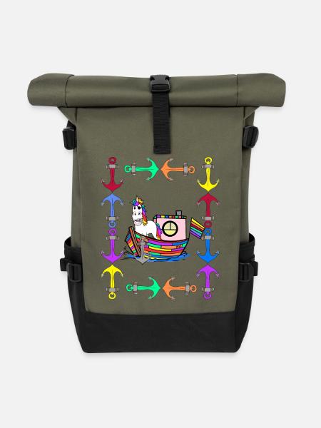 Regenbogen Einhörner Regenbogenfahne LGBT - Rolltop Rucksack - Olive/Schwarz