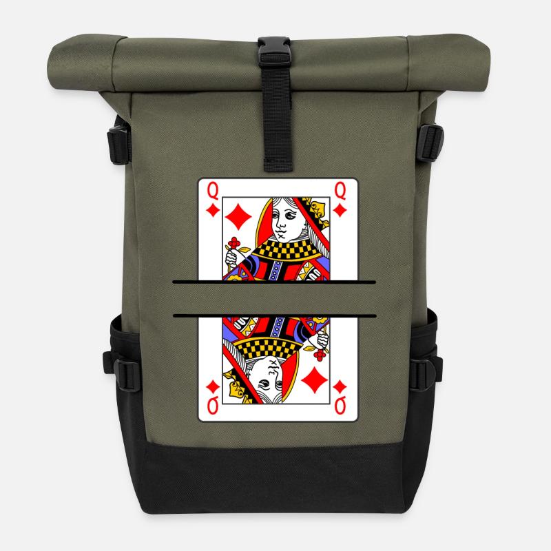 Spielkarte Karo-Dame mit Bannerplatz - Rolltop Rucksack - Olive/Schwarz