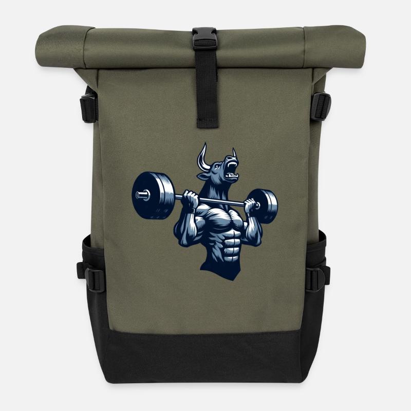 Stier Bulle Gewichtheber Workout Barbell Hantel - Rolltop Rucksack - Olive/Schwarz