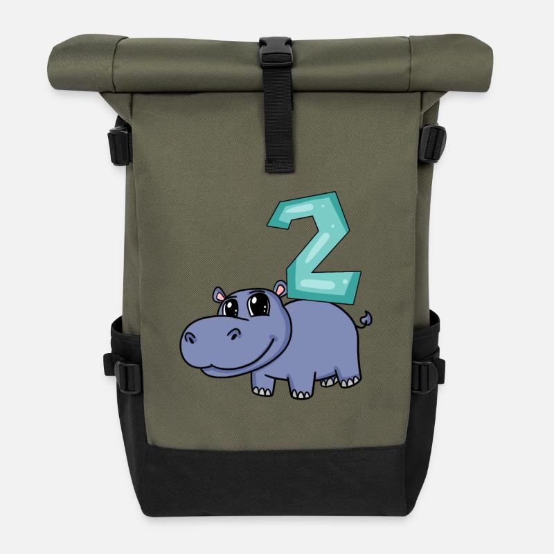 2. Geburtstag Motiv Nilpferd - zwei Jahre alt - Rolltop Rucksack - Olive/Schwarz