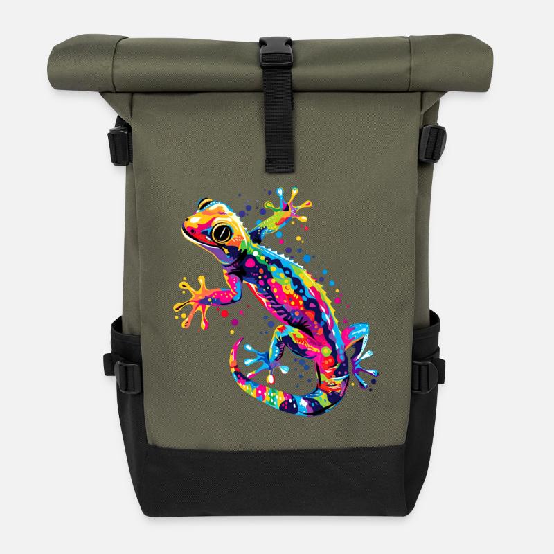 Gecko Eidechse Reptil Geckos Echse Leguan Gekko - Rolltop Rucksack - Olive/Schwarz