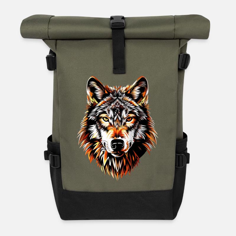 Wolf Motiv Wölfe Wolfsrudel Grauer Wolfshund Wolfs - Rolltop Rucksack - Olive/Schwarz