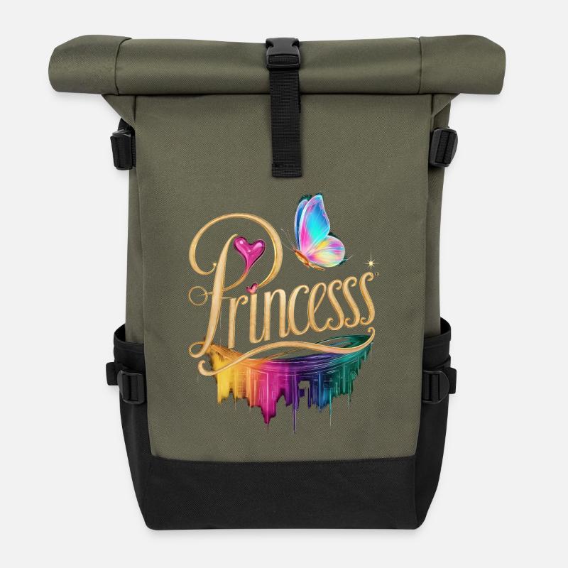 Enchanting Princess with Rainbow and Butterfly - Roll Top Backpack - olive/black